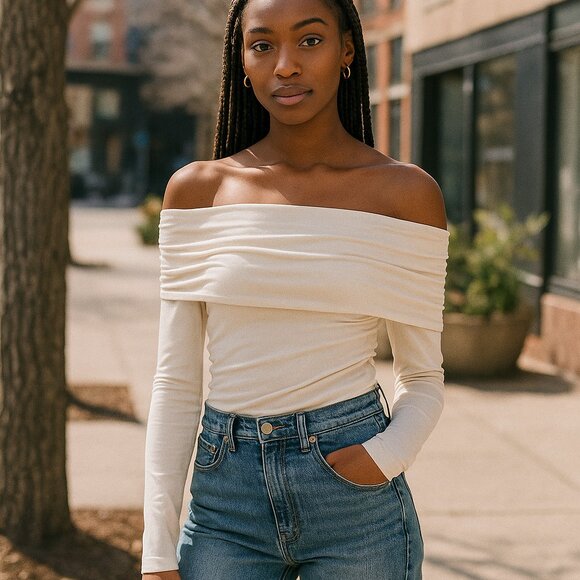 Reformation Azura Off Shoulder Knit Top White Cotton Sweater Fior Di Latte L NWT - Picture 1 of 11